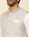 alt message - Manyavar Men Light Grey Medallion Patterned Nehru Jacket image number 1